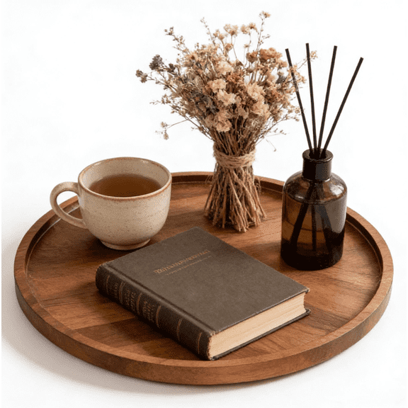 Round Wooden Tray, Decorative Wood Serving Tray for Kitchen Dining Table, Rustic Jewelry Storage Tray for Bathroom Dressing Table, Natural Bamboo Home Decor Organizer