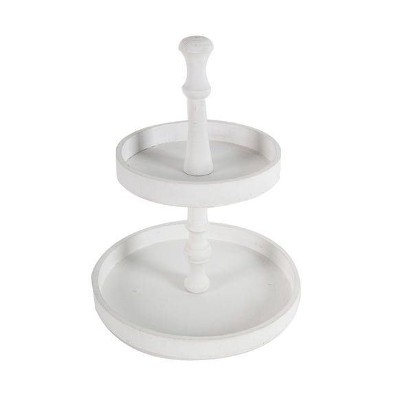 Round Wooden Tray Two Tier - 11.8x15.4 Inch White Serving Tray; Farmhouse Decor; Cake Stand; Display Pedestal for Home Kitchen