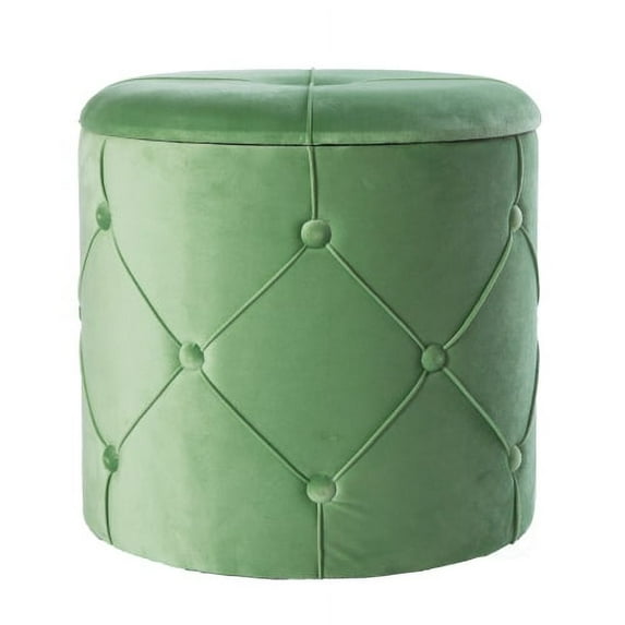 Round Wooden Velvet Ottoman Stool with Lid, Green