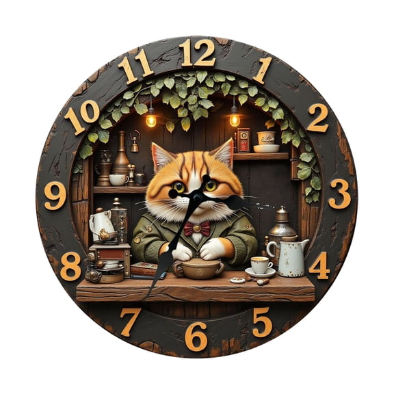 Round Wooden Wall Clock Cute Cat Silent Vintage Theme for Bedroom Office