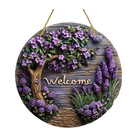 Round Wooden Welcome Sign Lavender Wreath, Farmhouse Wall Decor, Floral Purple Door Hanger for Front Porch, Front Door Home Decor Wall Art (1 Pack)