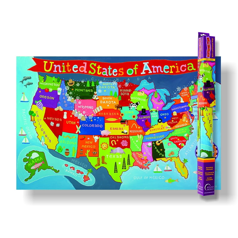 Vibrant Laminated 24" x 36" Kids' USA Map Poster