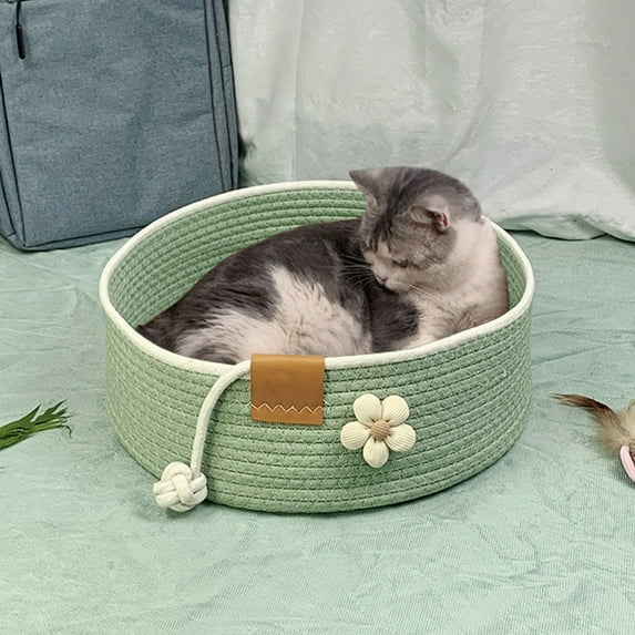 Round Woven Cat Bed, Natural Cotton Rope Pet Basket for Indoor Cats & Small Dogs, Eco-Friendly Washable Bed with Scratching Pad, Warm Boho Style House(Green)