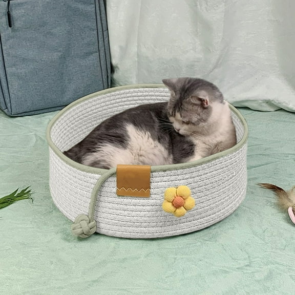 Round Woven Cat Bed, Natural Cotton Rope Pet Basket for Indoor Cats & Small Dogs, Eco-Friendly Washable Bed with Scratching Pad, Warm Boho Style House(White)