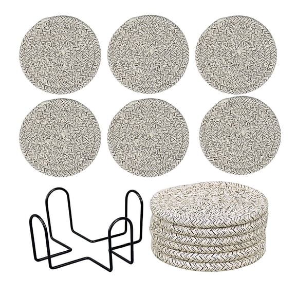 Round Woven Coasters, 4.61in Beige Black Herringbone Heat Resistant Table Mats, Non-Slip Polyester Drink Pads with Holder Set of 6