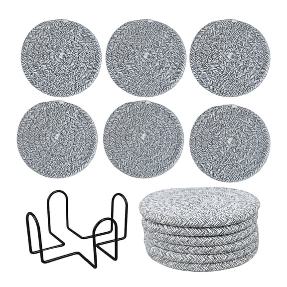Round Woven Cotton Coasters, Heat Resistant Non-Slip Pads Set Of 6 With 1Pcs Metal Stand For Dining Table Drinks