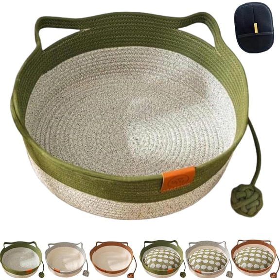 Round Woven Cotton Rope Cat Bed Basket, Foldable Pet Sleeping Basket with Interactive Rope Ball, Handmade Breathable Scratchable Weave for Small Dogs and Pets 