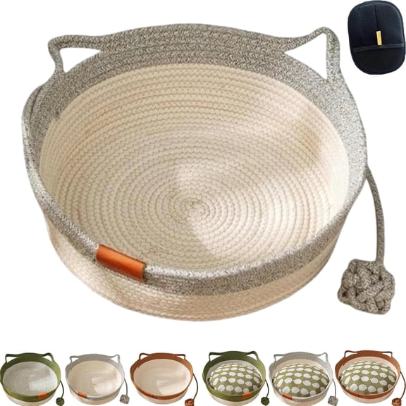 Round Woven Cotton Rope Cat Bed Basket, Foldable Pet Sleeping Basket with Interactive Rope Ball, Handmade Breathable Scratchable Weave for Small Dogs and Pets 