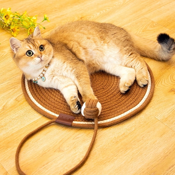 Round Woven Cotton Rope Cat Scratcher Mat with Built-in Interactive Toy, Durable Breathable Cat Scratching Pad & Cozy Resting Bed for Indoor Cats Kittens, Non-Slip All Season Pet Mat
