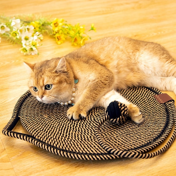Round Woven Cotton Rope Cat Scratcher Mat with Built-in Interactive Toy, Durable Breathable Cat Scratching Pad & Cozy Resting Bed for Indoor Cats Kittens, Non-Slip All Season Pet Mat