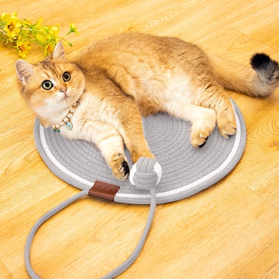 Round Woven Cotton Rope Cat Scratcher Mat with Built-in Interactive Toy, Durable Breathable Cat Scratching Pad & Cozy Resting Bed for Indoor Cats Kittens, Non-Slip All Season Pet Mat