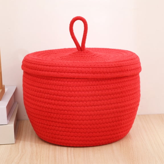Round Woven Fabric Storage Basket with Lid - Round Storage Basket with Lid Handmake Cotton Rope Woven Basket Cute Storage Organizer for Fruit Snack or Books Toys Storage Bins for Home Decoration