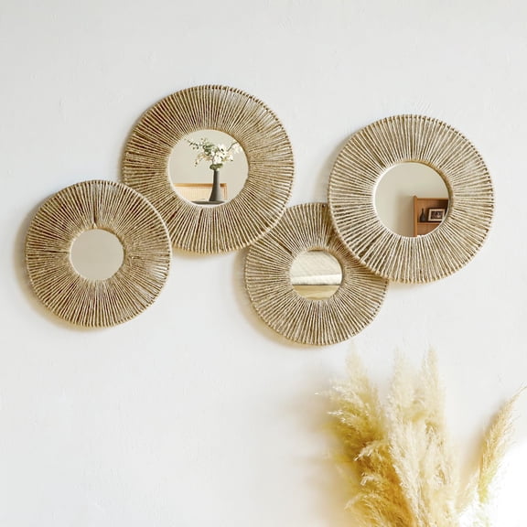 Round Woven Jute Wall Mirror Set, 4 Pack, Boho Rustic Home Decor