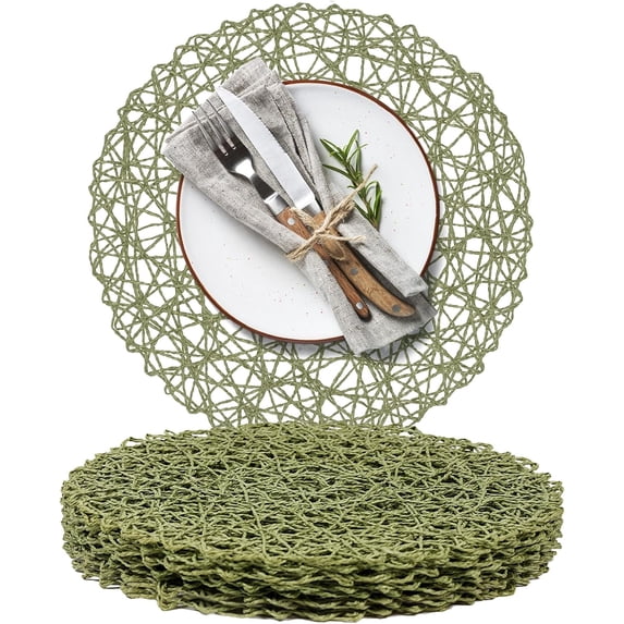 Round Woven Placemat, 12.99" Paper Braided Non-Slip Heat Resistant Table Mats for Dining, Green, 1pc