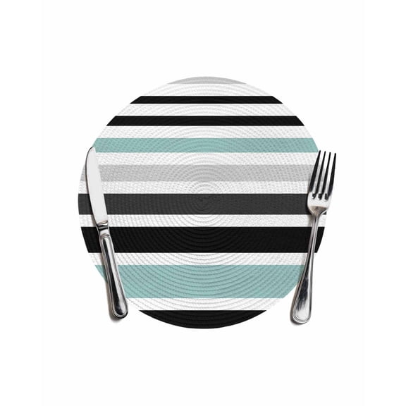 Round Woven Placemats 1 pc, Abstract Striped Washable&Heat Resistant Plastic Wipeable Placemats for Round Table Aqua Black White Kitchen Dining Table Decor, 13in,