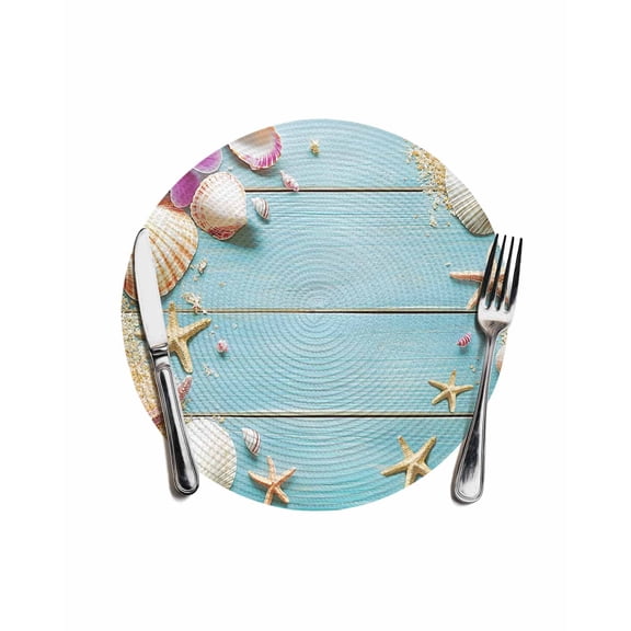Round Woven Placemats 1 pc, Beach Coastal Washable&Heat Resistant Plastic Wipeable Placemats for Round Table Farmhouse Starfish Shell Kitchen Dining Table Decor, 13in, Blue