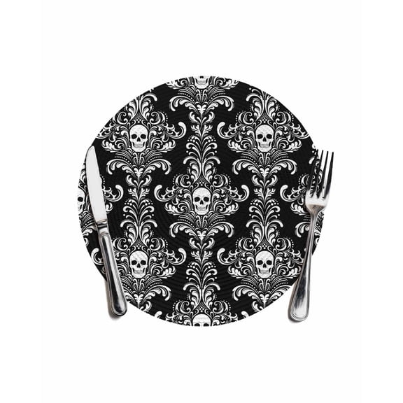 Round Woven Placemats 1 pc, Black Horror Halloween Washable&Heat Resistant Plastic Wipeable Placemats for Round Table Vintage White Skull Pattern Kitchen Dining Table Decor, 13in,