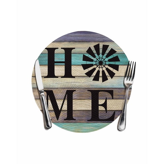 Round Woven Placemats 1 pc, Black Windmill HOME Washable&Heat Resistant Plastic Wipeable Placemats for Round Table Farmhouse Brown Green Wood Texture Kitchen Dining Table Decor, 13in,