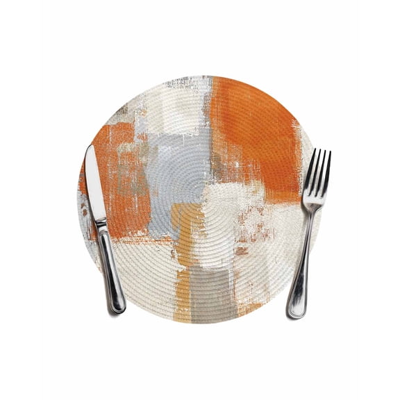 Round Woven Placemats 1 pc, Burnt Orange Gray Graffiti Block Washable&Heat Resistant Plastic Wipeable Placemats for Round Table Modern Abstract Texture Art Kitchen Dining Table Decor, 13in,