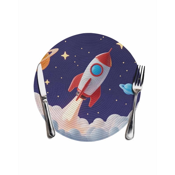 Round Woven Placemats 1 pc, Cartoon Navy Blue Space Washable&Heat Resistant Plastic Wipeable Placemats for Round Table Red 3D Rocket Kitchen Dining Table Decor, 13in, Yellow Stars