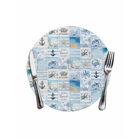 Round Woven Placemats 1 pc, Coastal Washable&Heat Resistant Plastic Wipeable Placemats for Round Table Nautical Beach Ocean Anchor Kitchen Dining Table Decor, 13in, Aqua Baby Blue