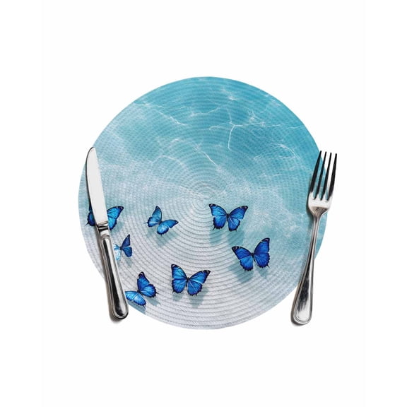 Round Woven Placemats 1 pc, Coastal Washable&Heat Resistant Plastic Wipeable Placemats for Round Table Ocean Butterfly Beach Kitchen Dining Table Decor, 13in, Aqua Dark Blue