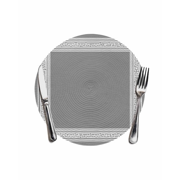 Round Woven Placemats 1 pc, Grey White Greek Key Pattern Washable&Heat Resistant Plastic Wipeable Placemats for Round Table Geometric Modern Kitchen Dining Table Decor, 13in,