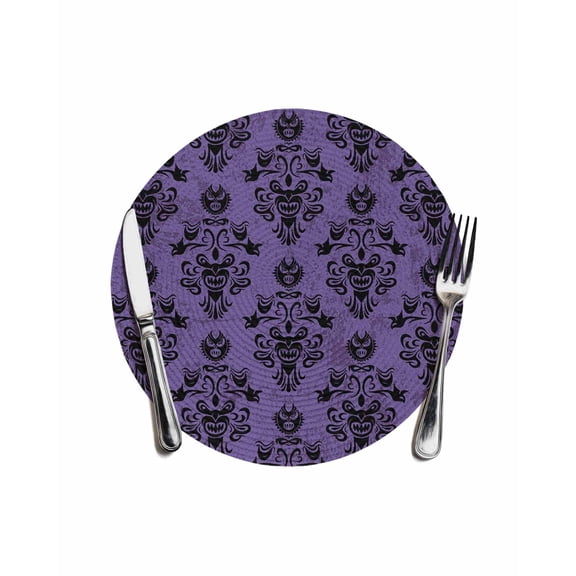 Round Woven Placemats 1 pc, Halloween Haunted House Grimace Washable&Heat Resistant Plastic Wipeable Placemats for Round Table Horror Night Ghosts Purple Kitchen Dining Table Decor, 13in,