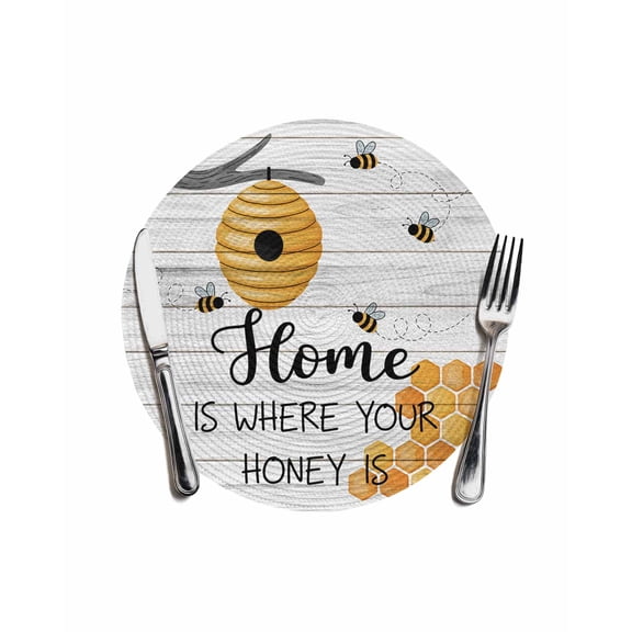 Round Woven Placemats 1 pc, Honey Bee Home Quotes Washable&Heat Resistant Plastic Wipeable Placemats for Round Table Country Rustic Wood Textured Kitchen Dining Table Decor, 13in,