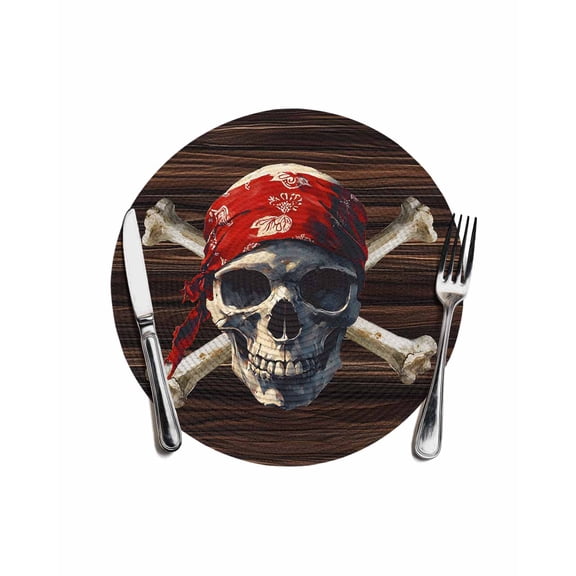 Round Woven Placemats 1 pc, Horror Vintage Washable&Heat Resistant Plastic Wipeable Placemats for Round Table Skull Wood Texture Head Scarf Kitchen Dining Table Decor, 13in, White Brown