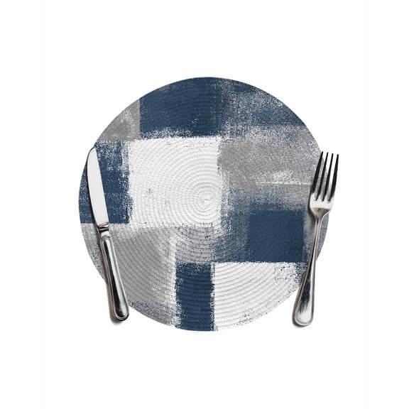 Round Woven Placemats 1 pc, Navy Grey Paint Textured Washable&Heat Resistant Plastic Wipeable Placemats for Round Table Abstract Rustic Blue Tones Kitchen Dining Table Decor, 13in,