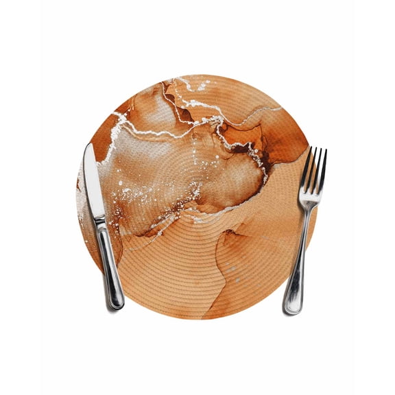 Round Woven Placemats 1 pc, Orange Marble Textured Washable&Heat Resistant Plastic Wipeable Placemats for Round Table Abstract Ocean Fluid Art Kitchen Dining Table Decor, 13in,
