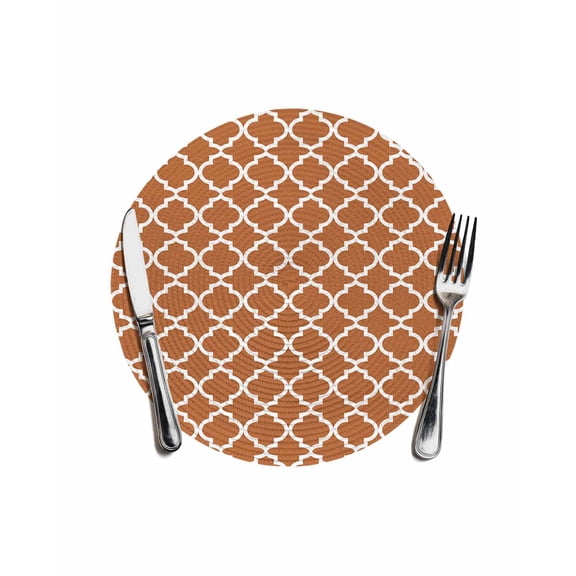 Round Woven Placemats 1 pc, Orange White Geometric Washable&Heat Resistant Plastic Wipeable Placemats for Round Table Minimalist Morocco Pattern Kitchen Dining Table Decor, 13in,