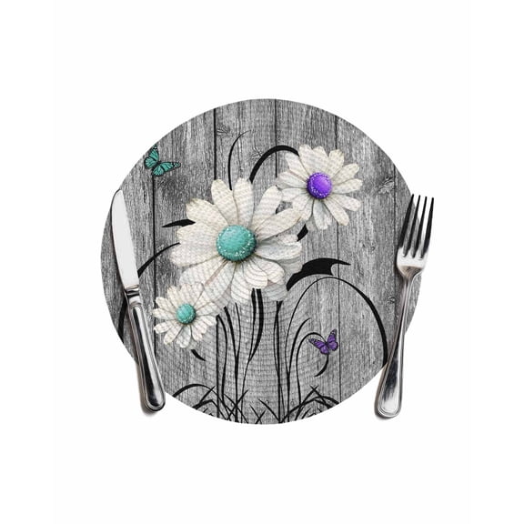 Round Woven Placemats 1 pc, Rustic Daisy Washable&Heat Resistant Plastic Wipeable Placemats for Round Table Teal Flowers Grey Wood Textured Kitchen Dining Table Decor, 13in,