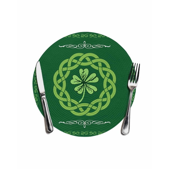 Round Woven Placemats 1 pc, St. Patrick's Day Washable & Heat Resistan-t Plastic Wipeable Placemats for Round Table Celtic Knots Four Leaf Clovers Kitchen Dining Table Decor, 13in, Forest Green