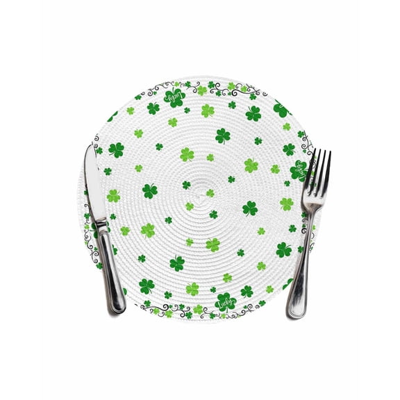 Round Woven Placemats 1 pc, St. Patrick's Day Washable&Heat Resistant Plastic Wipeable Placemats for Round Table Green Shamrock Irish Clover Kitchen Dining Table Decor, 13in, Seasonal