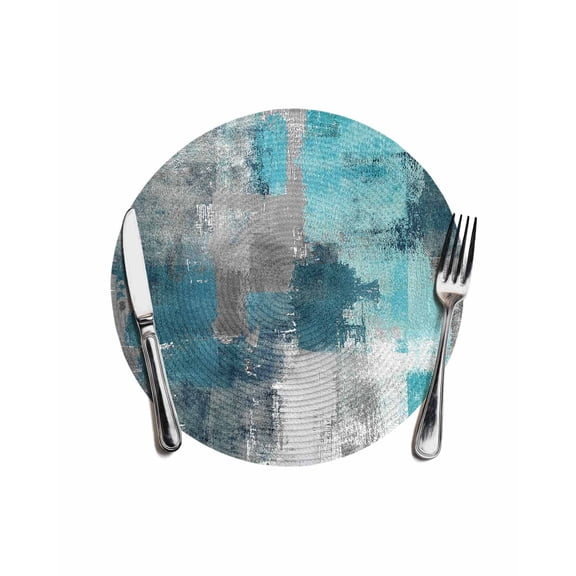 Round Woven Placemats 1 pc, Teal Gray Graffiti Block Washable&Heat Resistant Plastic Wipeable Placemats for Round Table Modern Abstract Texture Art Kitchen Dining Table Decor, 13in,