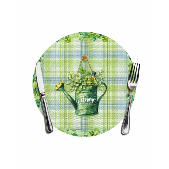 Round Woven Placemats 1 pc, Welcome St. Patrick's Day Washable & Heat Resistan-t Plastic Wipeable Placemats for Round Table Four Leaf Clovers Kettle Kitchen Dining Table Decor, 13in, Green Plaid