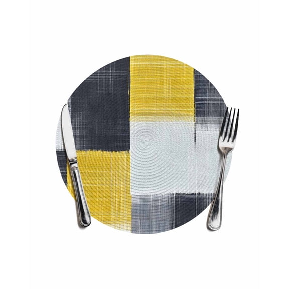 Round Woven Placemats 1 pc, Yellow Black Graffiti Block Washable&Heat Resistant Plastic Wipeable Placemats for Round Table Modern Abstract Texture Art Kitchen Dining Table Decor, 13in,