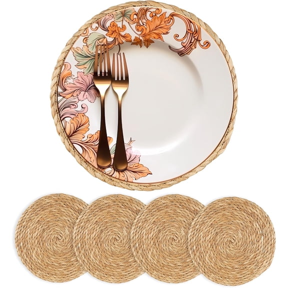 Round Woven Placemats 12 inch Set of 4 - Boho Rattan Placemat Natural Water Hyacinth Placemats, Farmhouse Weave Place Mats, Rustic Braided Wicker Table Mats for Dining Table,Home,Wedding