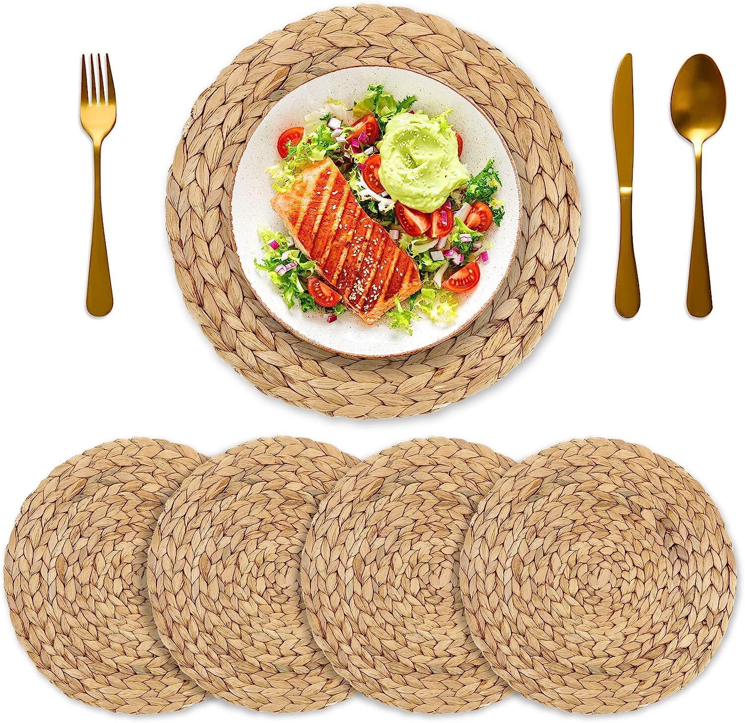 Round Woven Placemats Boho Rustic Placemats Braided Round Placemats Water Hyacinth Heat Resistant Non-Slip Table Mat for Dining Table Home Wedding Indoor Outdoor, 12 Inch (4 Pieces)
