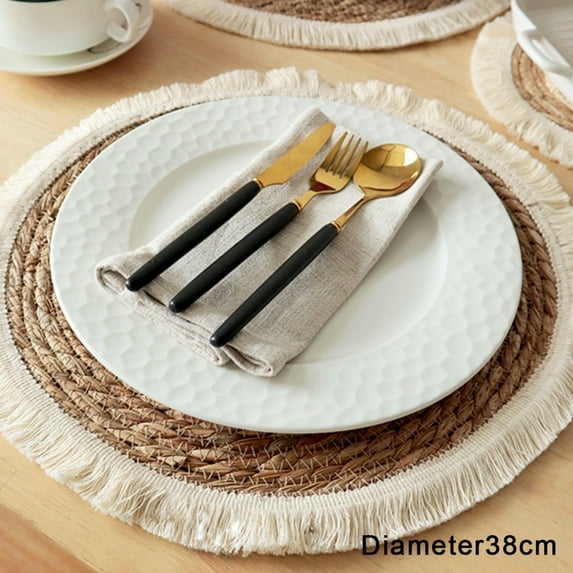 Round Woven Placemats, Corn Straw Braided Placemat with Cotton Tassel, Resistant Non-Slip Weave Rattan Table Mats Placemats for Dinning Table, 15" in dia, Single