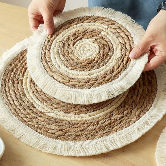 Round Woven Placemats for Dining Table Set of 2,Boho Placemats Natural Braided Rattan Rustic Wicker Charger Plates for Holiday Thanksgiving Christmas Farmhouse