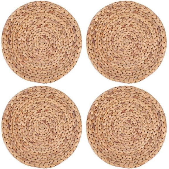 4Pcs Handmade Round Woven Placemats 9.84 Inch Natural Hyacinth Wicker Placemats Heat Resistant Non-Slip Weave Place Mats Rustic Braided Wicker Table Mats for Home & Weddings Christmas