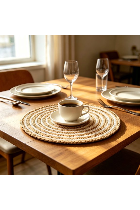 Round Woven Placemats Rattan Weave, Natural Seagrass Table Mats for Dining Table, Rustic Placemat Set for Kitchen Counter Dinner Party and Picnic