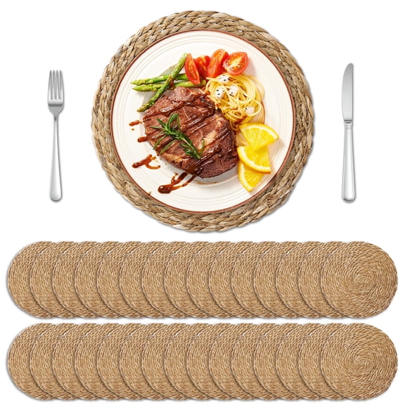 Round Woven Placemats Set Of 30, 12 Inch Boho Farmhouse Rattan Placemats Rustic Braided Wicker Table Place Mats Chargers For Dinner Plates, Table Mats For Dining Table, Home, Wedding.