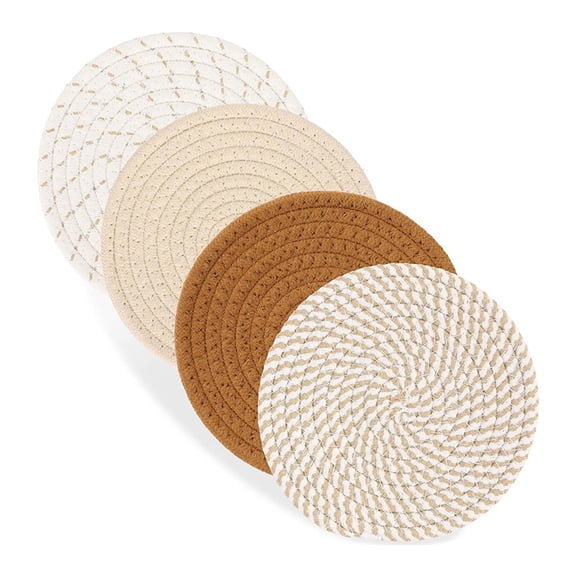 Round Woven Placemats Set of 4, Natural Cotton Rope Place Mats 7.1inches Boho Tablemats, Non-Slip Heat Resistant Hand Woven Chargers Plate for Dining Table