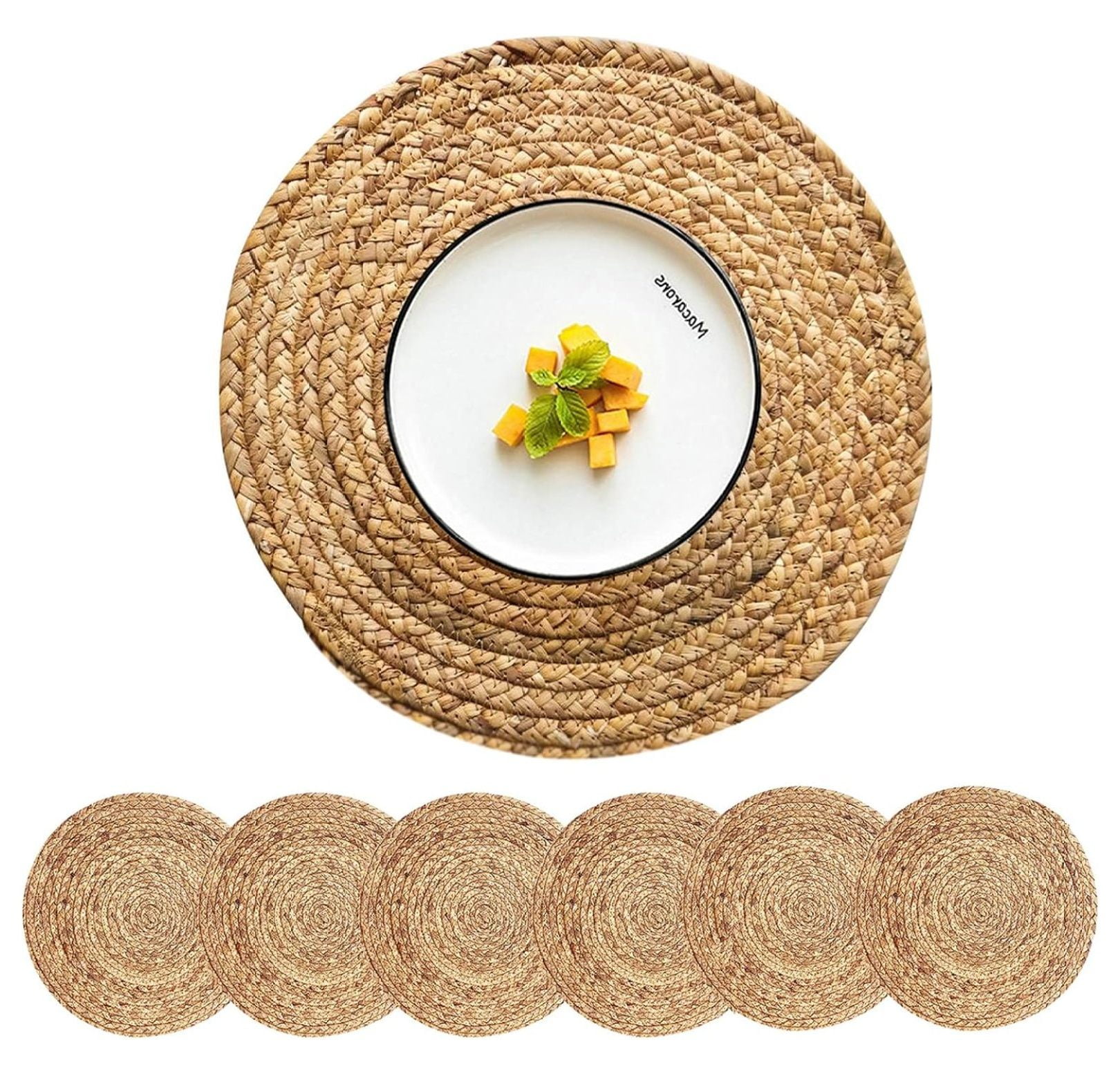 Round Woven Placemats Set of 6, Natural Water Hyacinth Place mats, 13.5