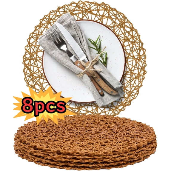 Round Woven Placemats Set of 8, 12.99" Paper Braided Non-Slip Heat Resistant Table Mats for Dining, Brown
