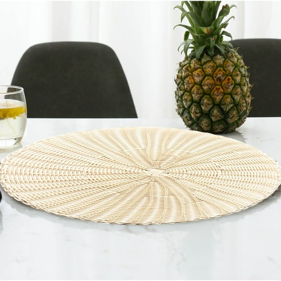 Round Woven Placemats,Woven Rattan Placemats,Boho Rattan Placemat,Rustic Braided Wicker Table Mats,Decorative Heat Resistant Non-Slip Mats for Kitchen Coutertops,Hot Dishes,Pots and Pans,White,14.96"